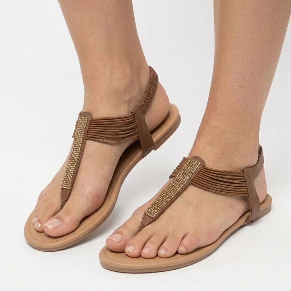 Ardene Stretch Jewel Gemstone T-Strap Sandals Brown Bronze Elastic Summer Flats